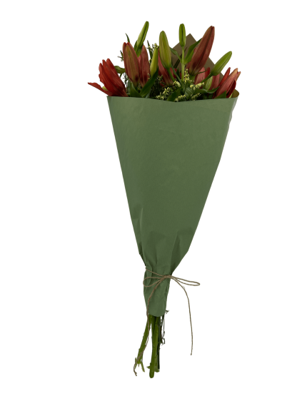 Ανθοδέσμη με τρία άνθη Λίλιουμ, Λιμόνιουμ και πρασινάδα