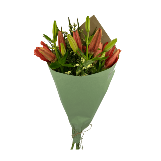 Ανθοδέσμη με τρία άνθη Λίλιουμ, Λιμόνιουμ και πρασινάδα