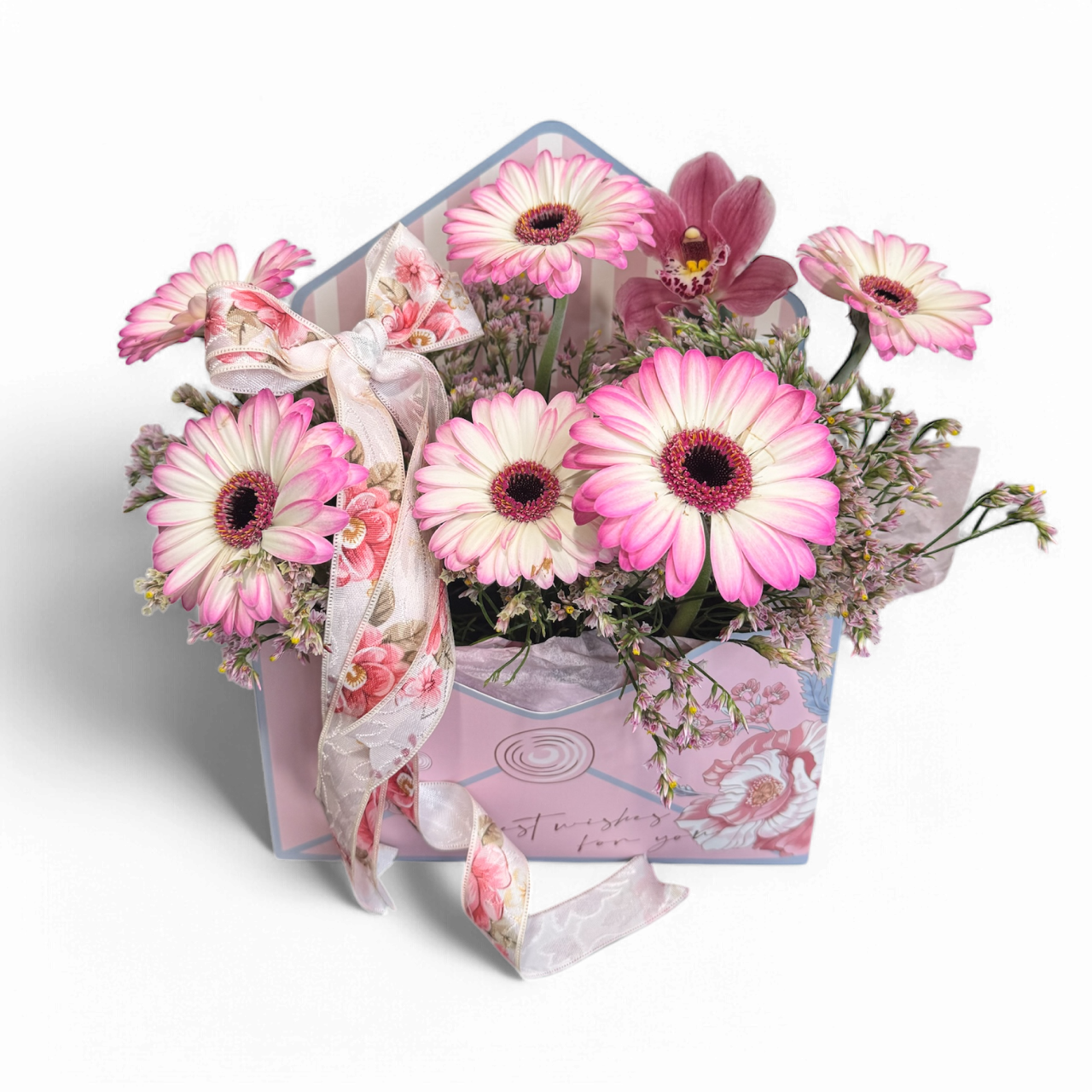 Φάκελος Ροζ με Ζερμπερίνια, Λιμόνιουμ & Ορχιδέα