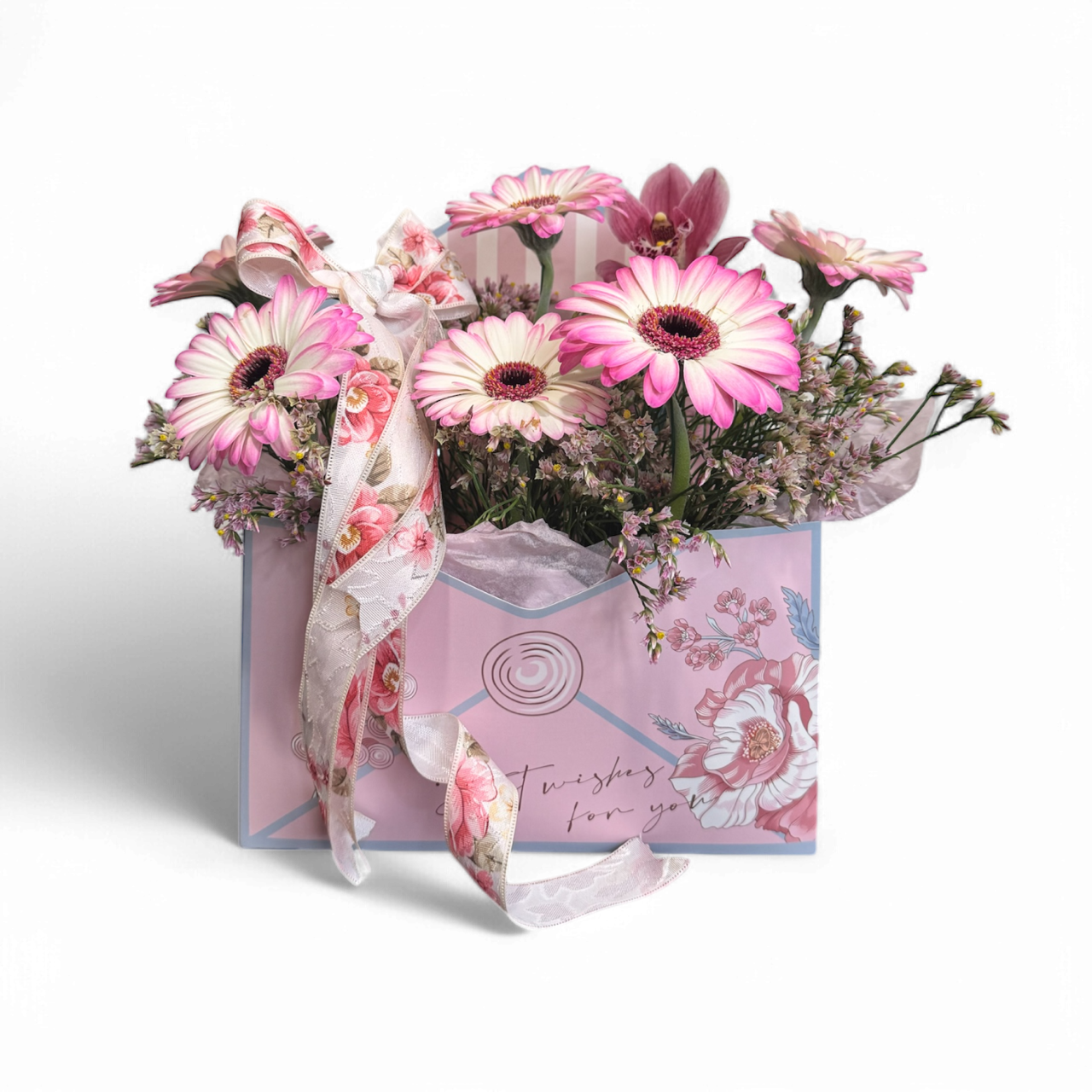 Φάκελος Ροζ με Ζερμπερίνια, Λιμόνιουμ & Ορχιδέα