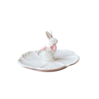 Πασχαλινό Κεραμικό Πιατάκι Λευκό Λουλούδι με Λαγουδάκι στο Κέντρο