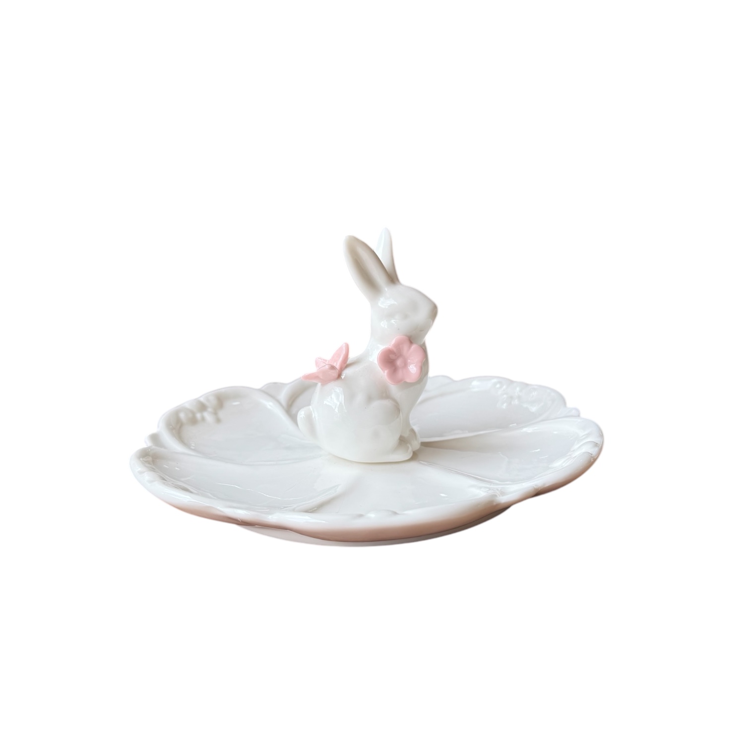 Πασχαλινό Κεραμικό Πιατάκι Λευκό Λουλούδι με Λαγουδάκι στο Κέντρο