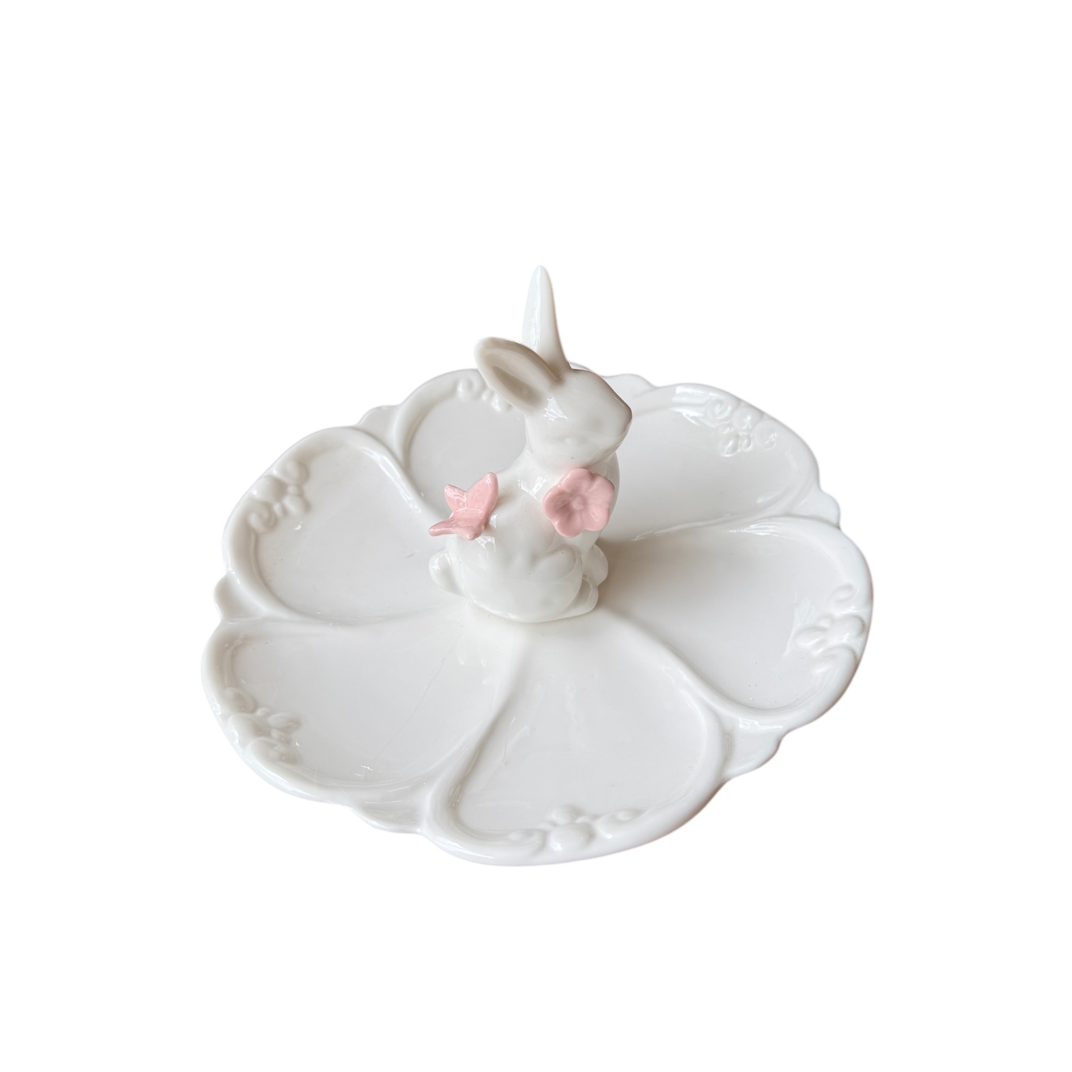 Πασχαλινό Κεραμικό Πιατάκι Λευκό Λουλούδι με Λαγουδάκι στο Κέντρο