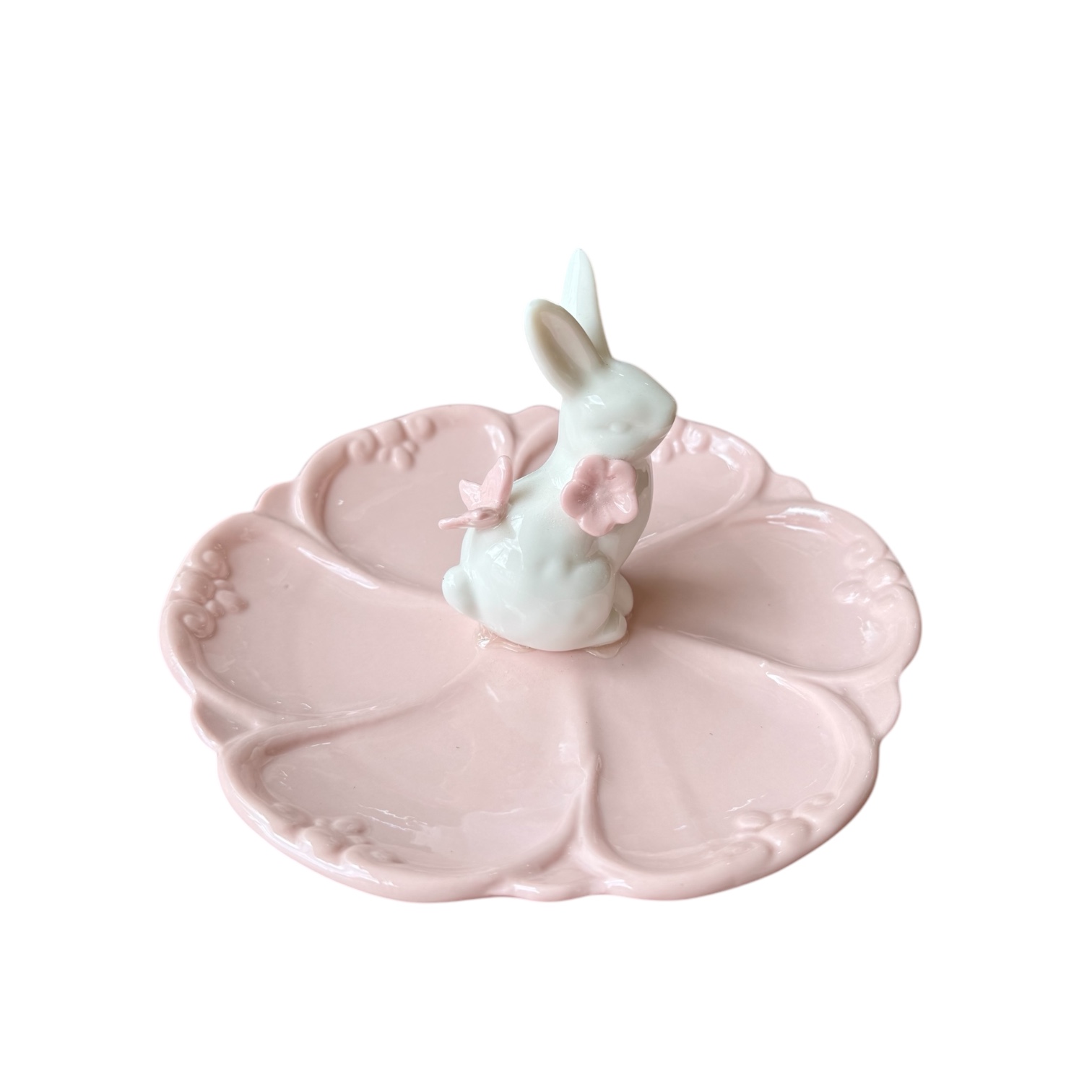 Πασχαλινό Κεραμικό Πιατάκι Ροζ Λουλούδι με Λαγουδάκι στο Κέντρο