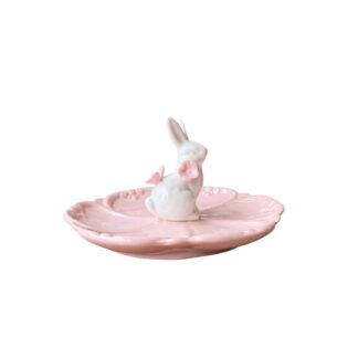 Πασχαλινό Κεραμικό Πιατάκι Ροζ Λουλούδι με Λαγουδάκι στο Κέντρο