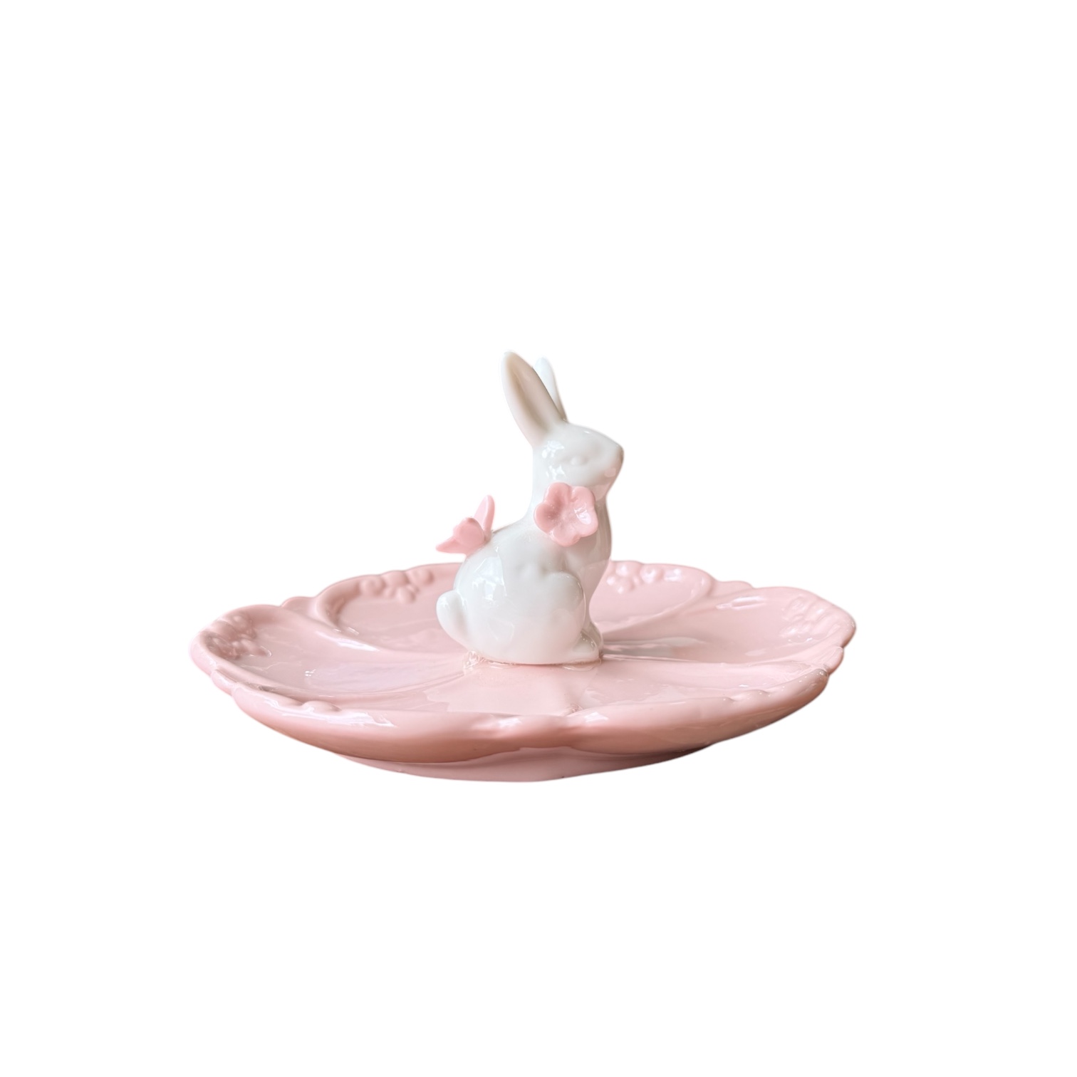 Πασχαλινό Κεραμικό Πιατάκι Ροζ Λουλούδι με Λαγουδάκι στο Κέντρο