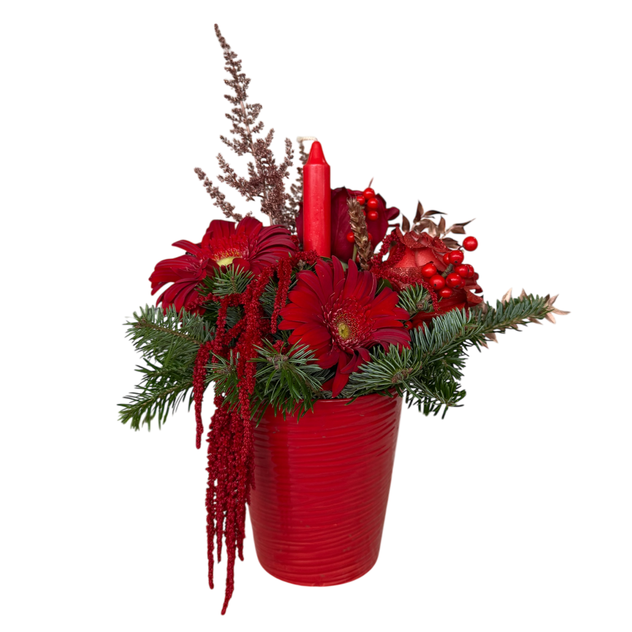 Χριστουγεννιάτικη Σύνθεση σε Μικρό Κόκκινο Κασπώ με Κερί