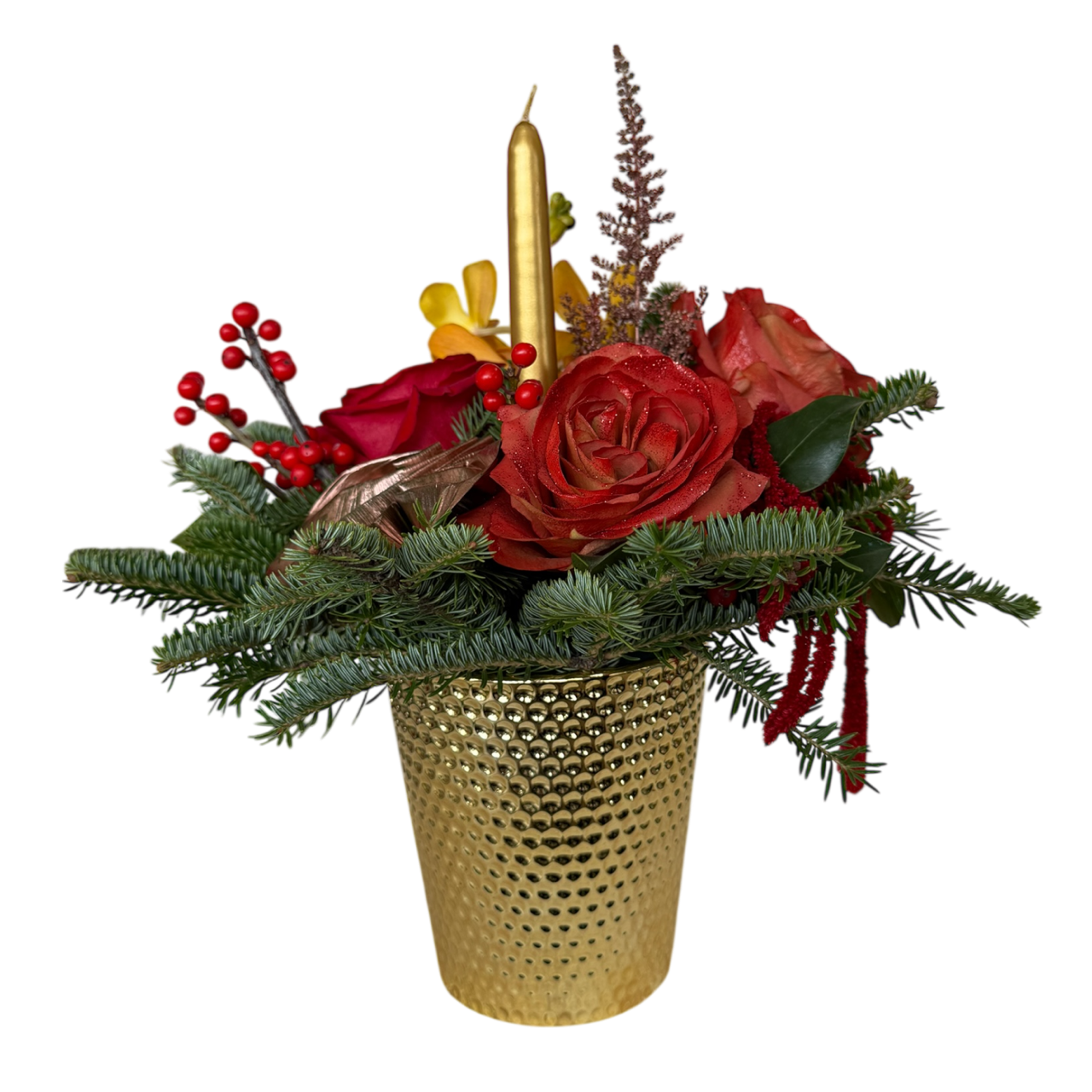 Χριστουγεννιάτικη Σύνθεση σε Μικρό Χρυσό Κασπώ με Κερί